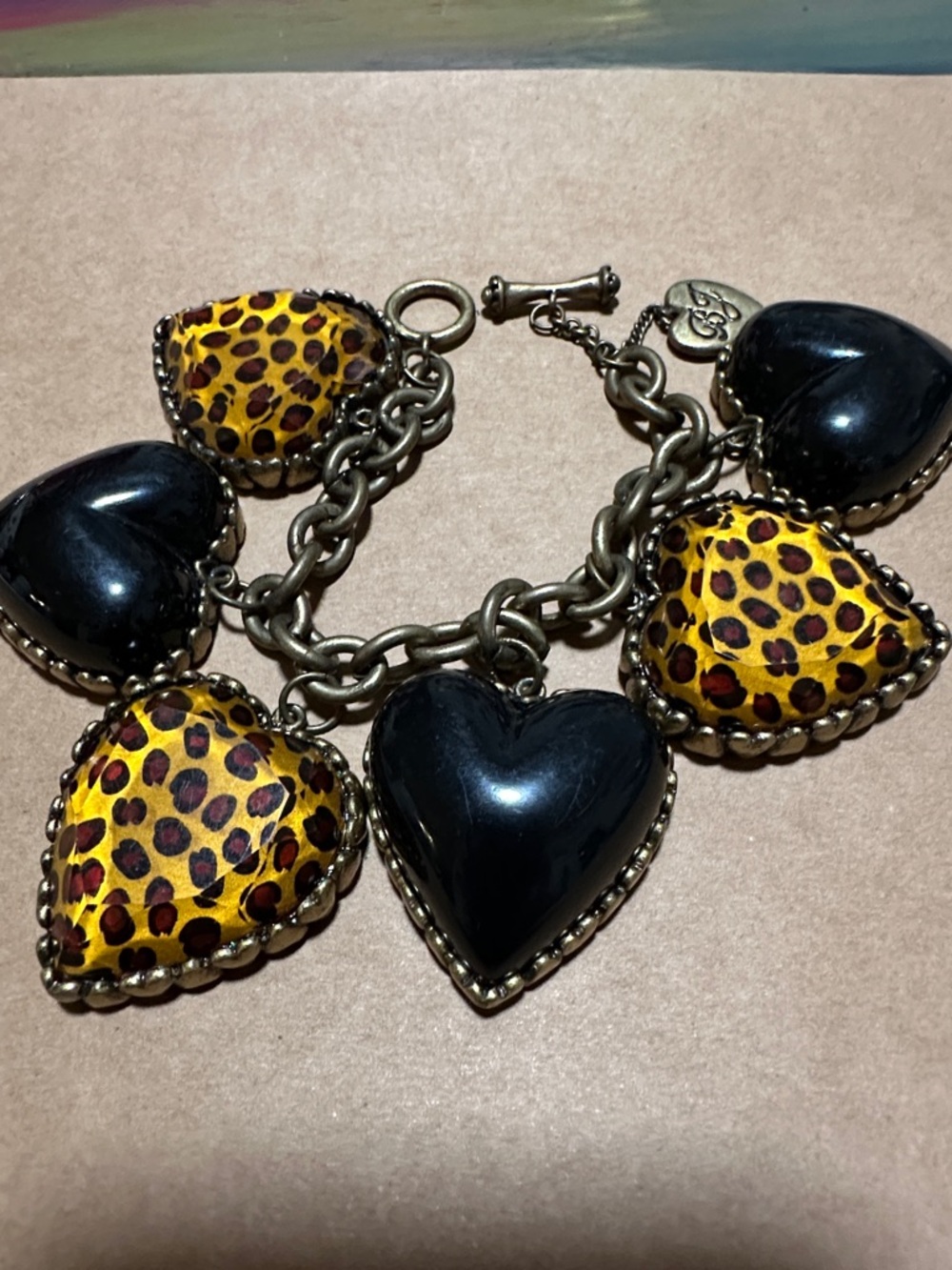 Betsey Johnson Black and Yellow Leopard Heart Charm Bracelet - Toggle Chain
